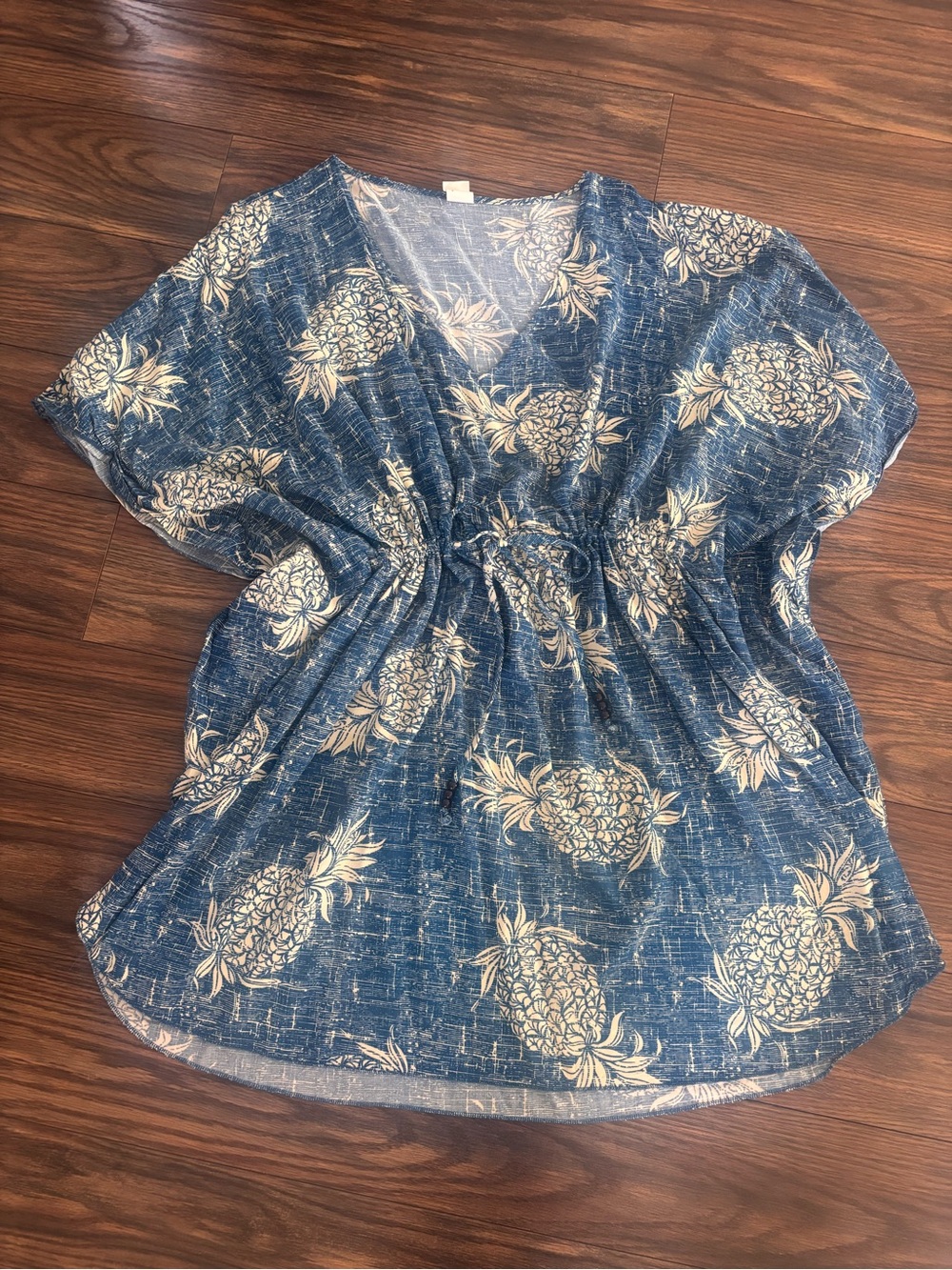 Blue Pineapple Print V-Neck Drawstring Women's Top